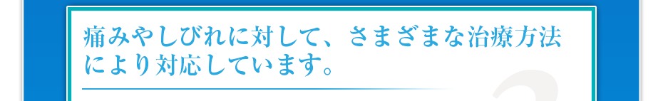 痛みやしびれに対して、さまざまな治療方法により対応しています。