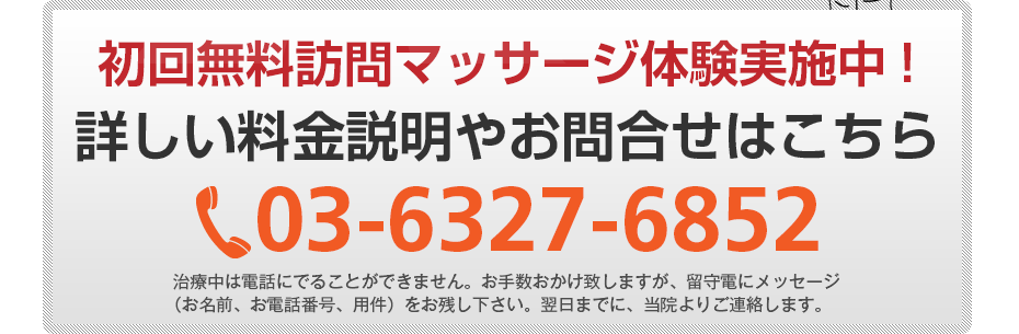 初回無料訪問マッサージ体験実施中!詳しい料金説明やお問合せはこちら03-6327-6852